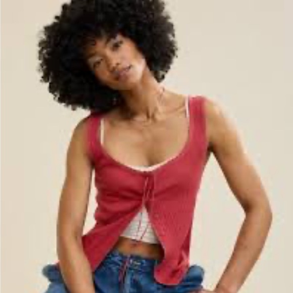 Aerie red light weight button down tank top stretchy scoop neck blouse - Picture 1 of 4